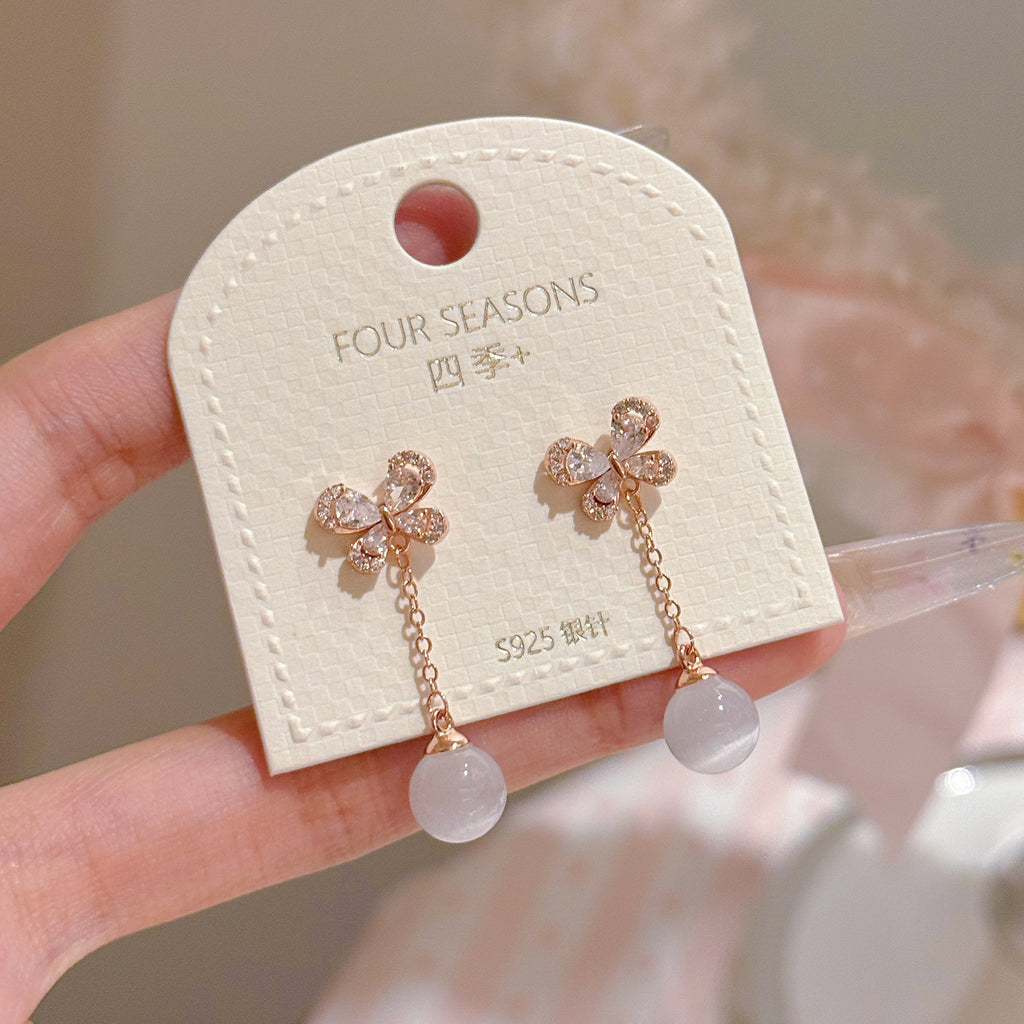 Butterfly Tassel Cat's Eye Stone Drop Earrings, S925 Sterling Silver Posts, Luxury Dainty Elegant All-match Stud Earring