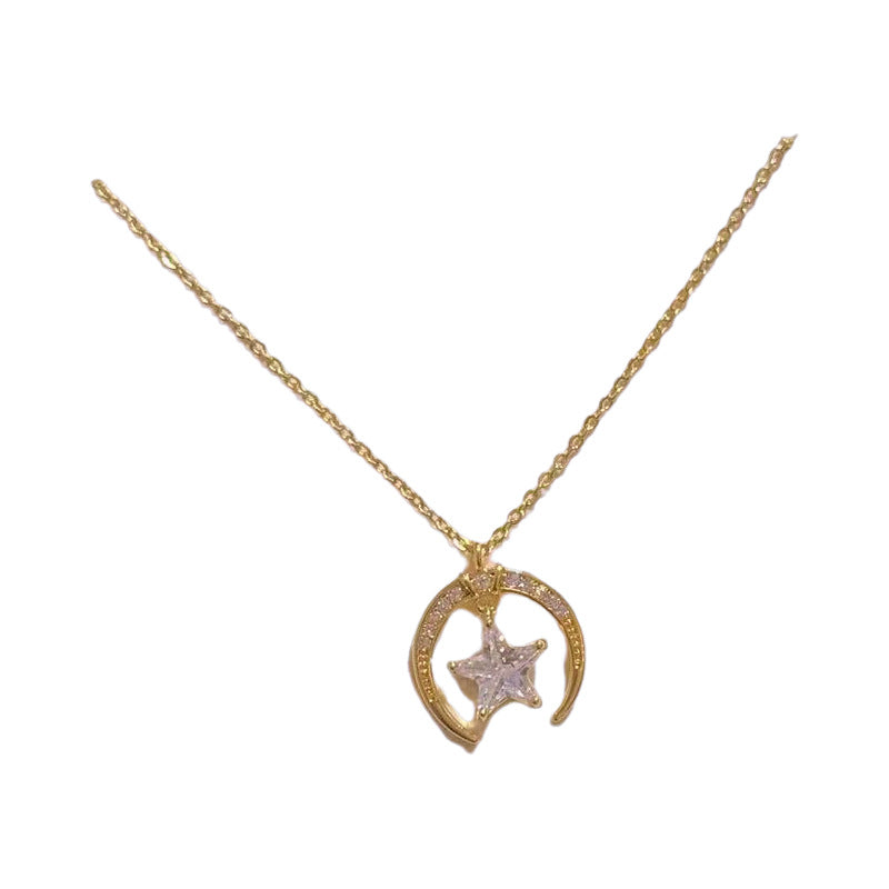 Crescent Moon Star Pendant Necklace Dainty Minimalist Clavicle Chain, Elegant Sweet Tiny Star Moon Choker for Daily Wear Jewelry Gift