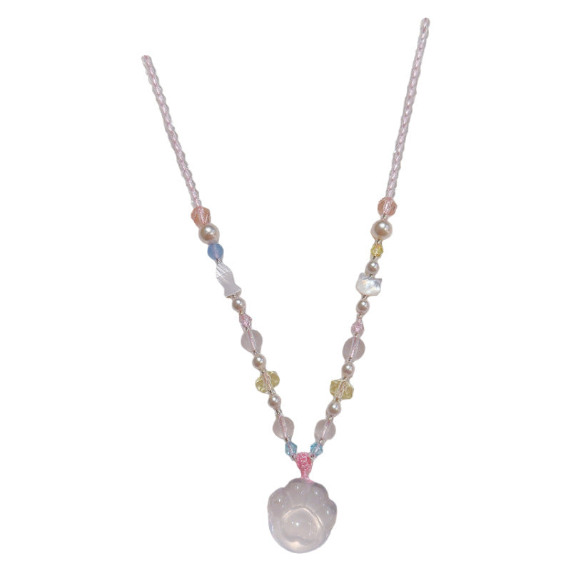 Cat Paw Pendant Necklace for Women, Cute Sweet White Crystal Dainty Luxury Clavicle Chain Minimalist Jewelry