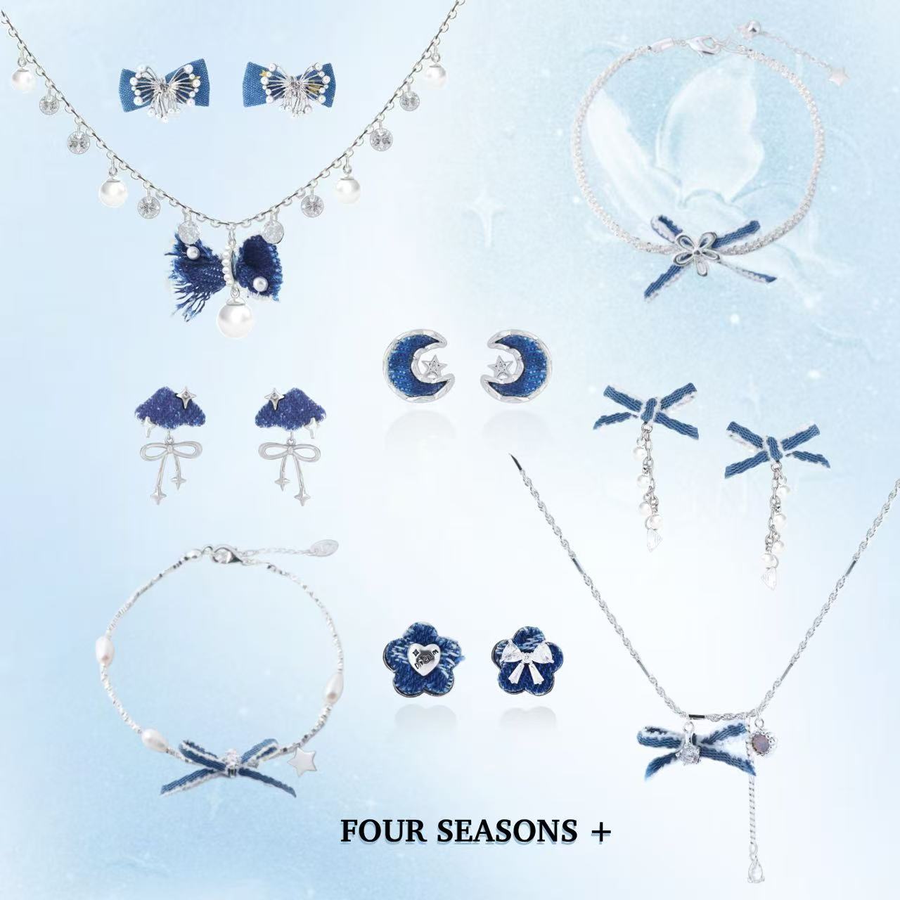 Autumn Winter Fashion Accessories Denim Bow Earrings Star Moon Earrings, Exquisite High-end Versatile Earrings & Matching Necklace Jewelry Set for Women
