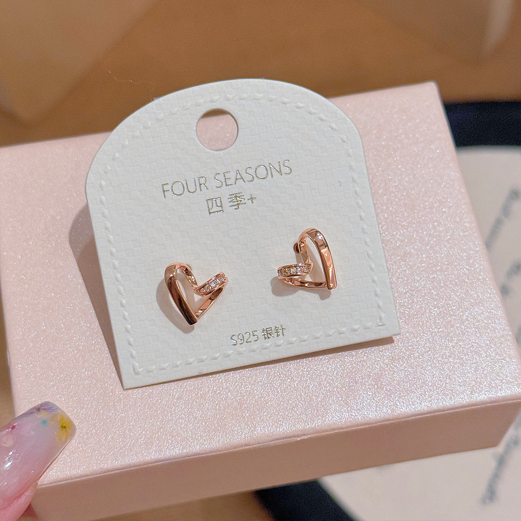 S925 Sterling Silver Minimal Heart Studs Luxury Sweet Daily Women Earrings