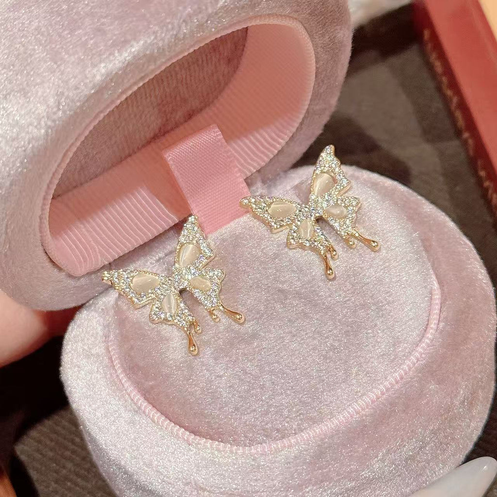 Moonlight Butterfly Stud Earrings, Vivid Cat's Eye Stone 925 Silver Earrings, Luxury Elegant Atmosphere Exquisite Temperament Ear Jewelry