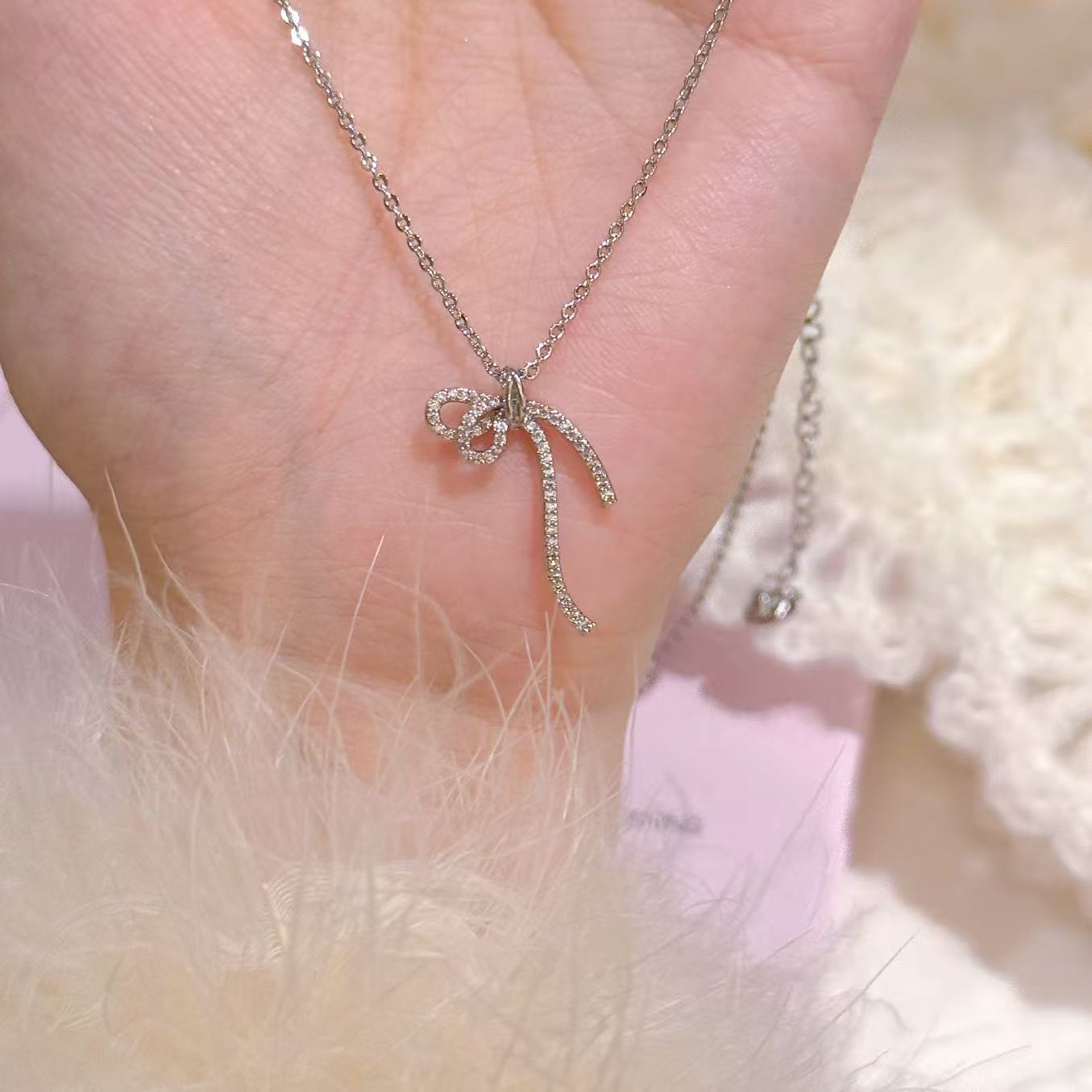 Minimal Ribbon Bow Collarbone Necklace Luxury Birthday Gift Jewelry