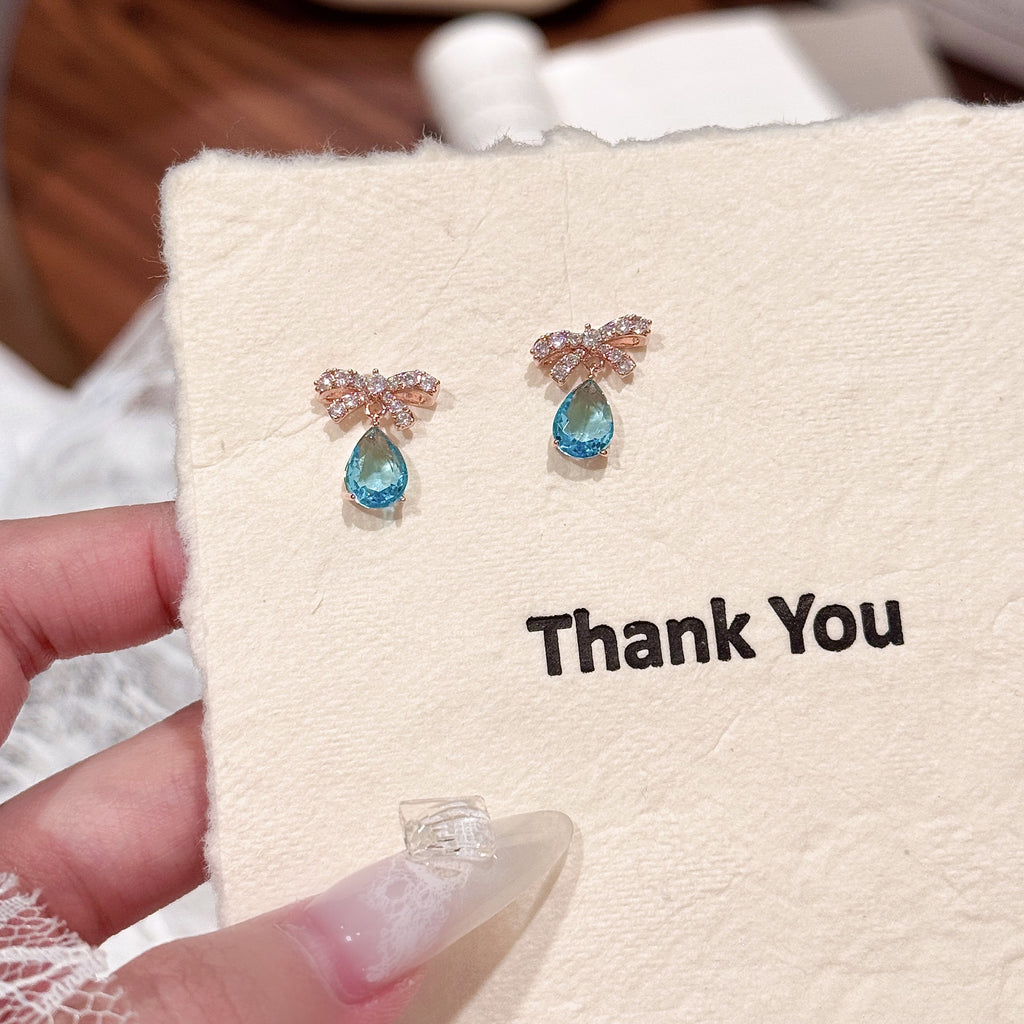 Water Drop Color Zircon Earrings, French Shiny Bow Stud Earrings, Luxury Elegant Niche Exquisite Jewelry