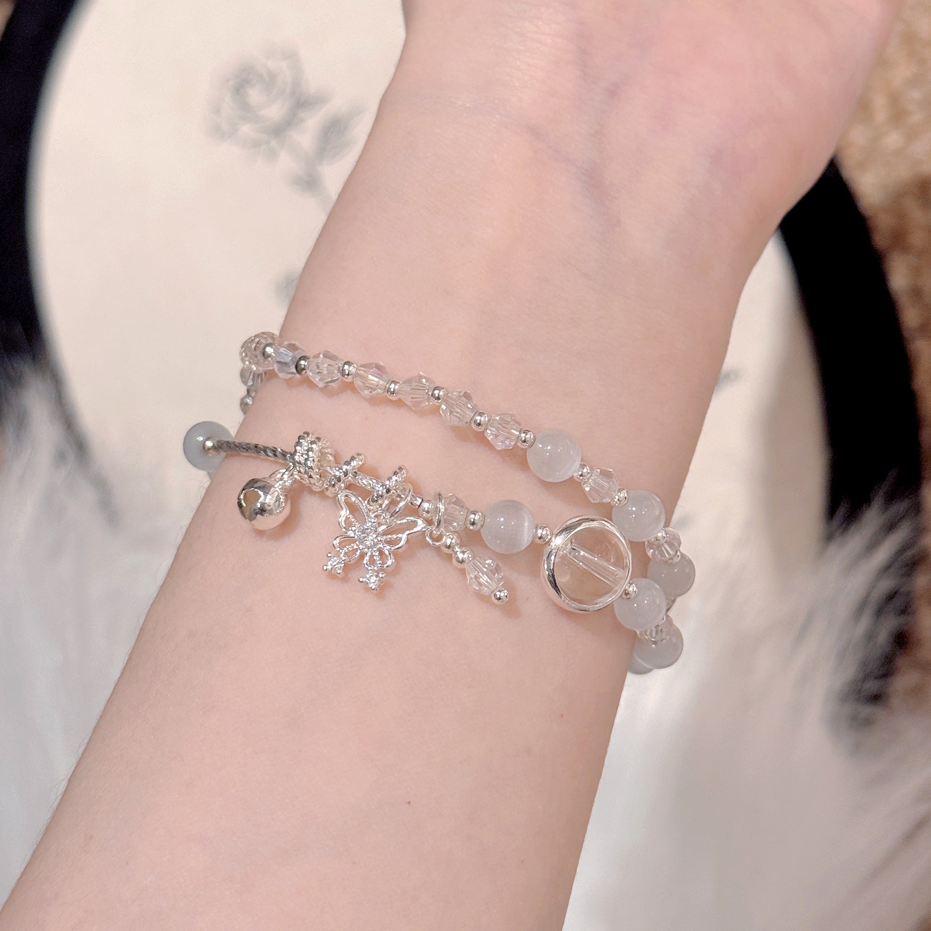 Cat's Eye Butterfly Double Circle Bracelet, Elegant Skin Brightening Hand Chain