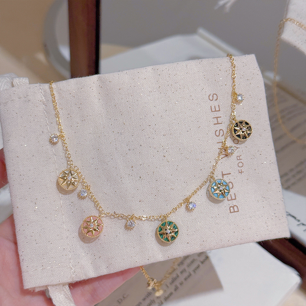 Color Zircon White Shell Eight Pointed Star Collarbone Necklace Women Luxury Jewelry