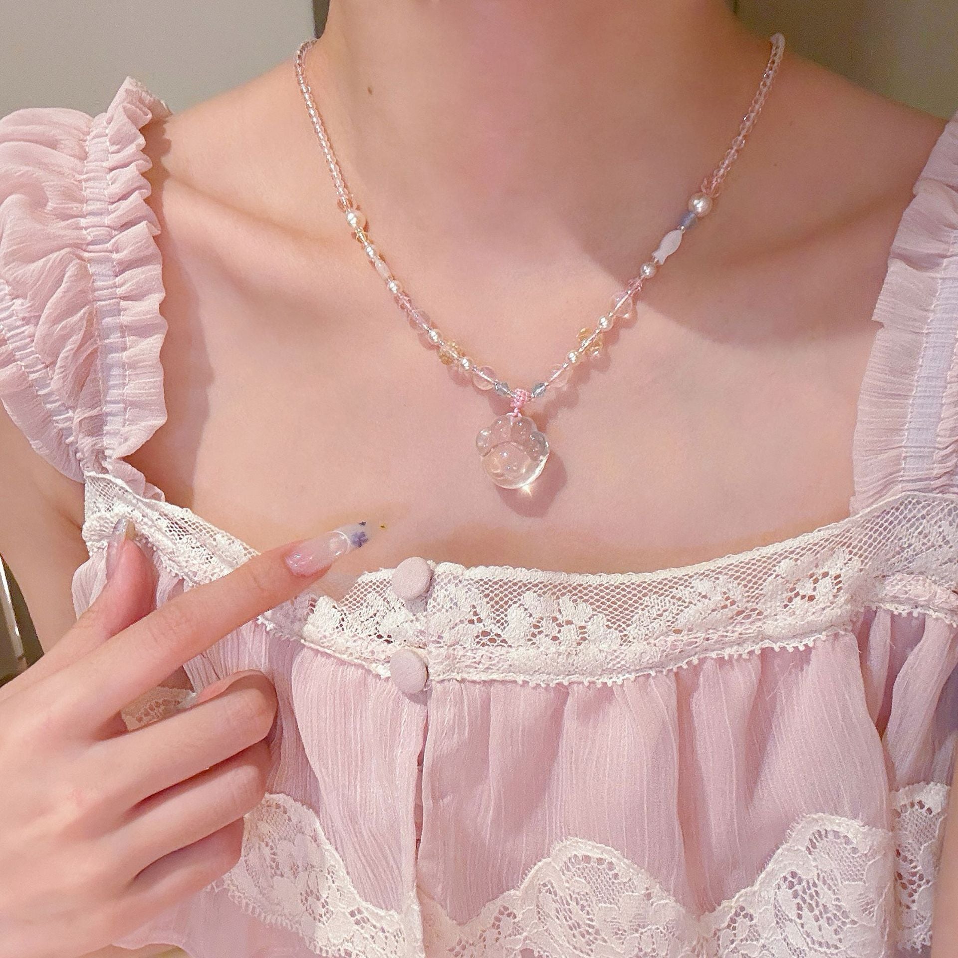 Cat Paw Pendant Necklace for Women, Cute Sweet White Crystal Dainty Luxury Clavicle Chain Minimalist Jewelry