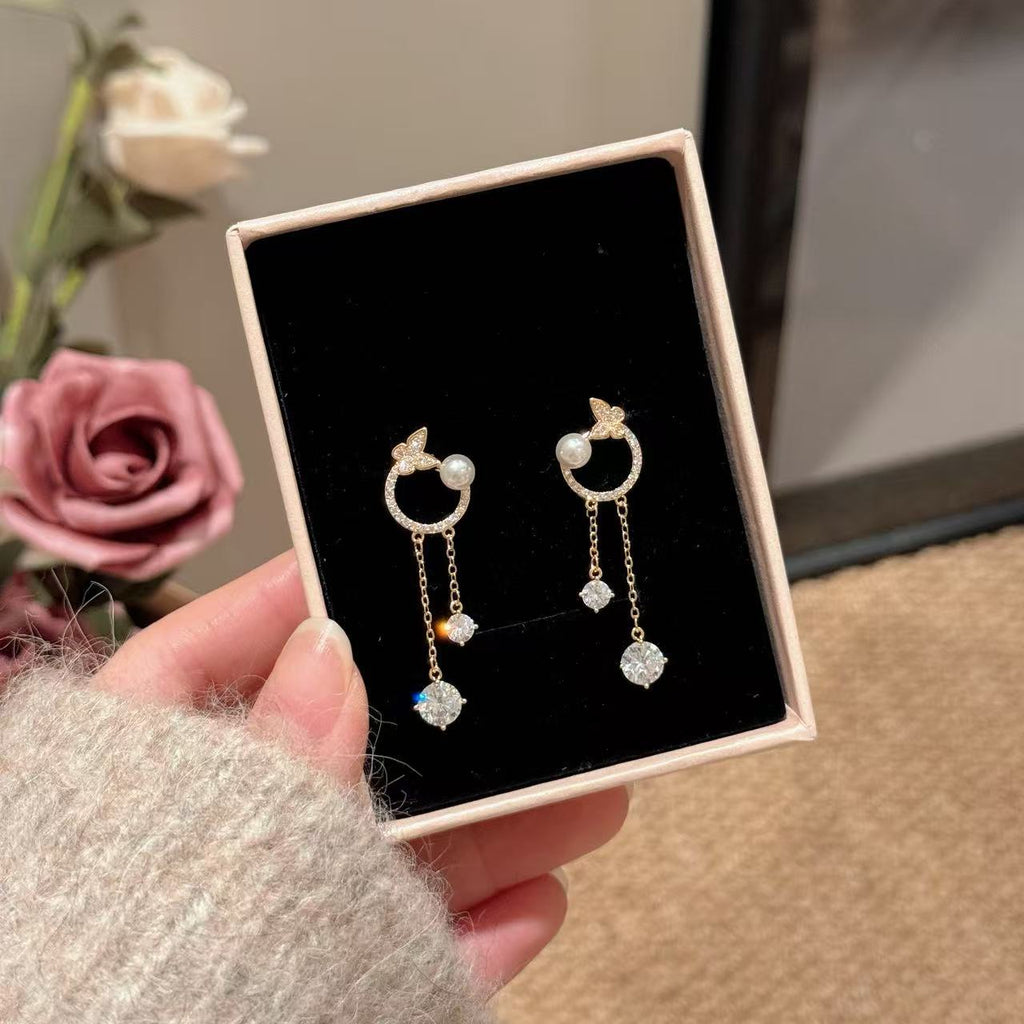 Cute Cat Dangle Earrings with Sparkling Cubic Zirconia, S925 Sterling Silver Stud Posts, Dainty Elegant All-Match Daily Commute Drop Ear Jewelry