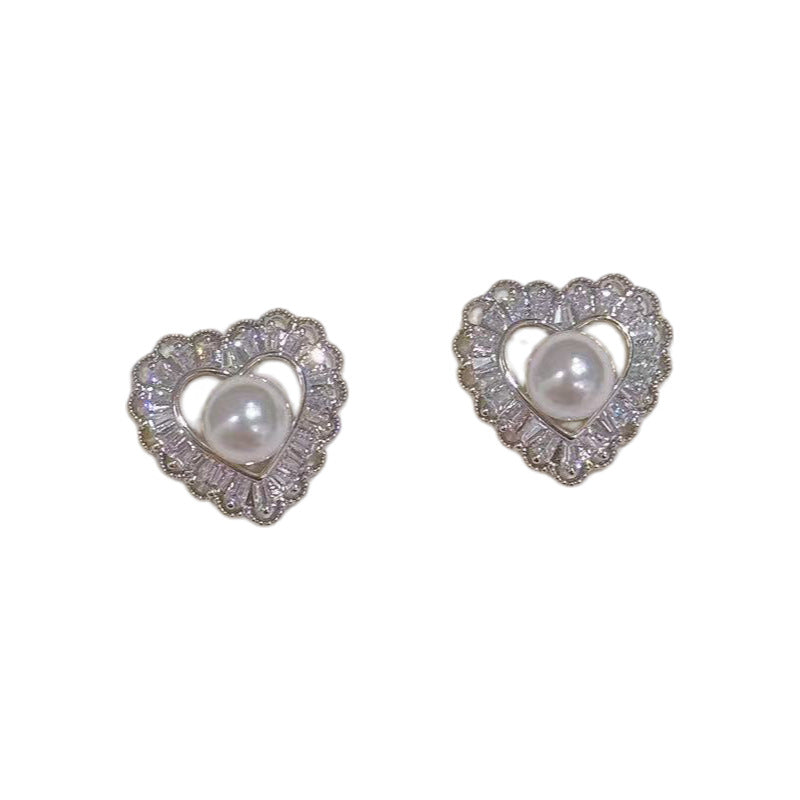 Heart Pearl Stud Earrings, Luxury Elegant Sweet Earrings, S925 Silver Needle Noble Temperament Exquisite Ear Jewelry