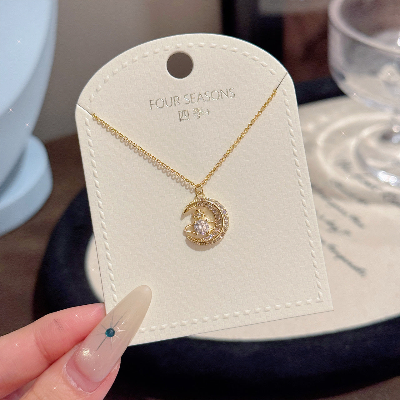 Romantic Celestial Moon Star Planet Cubic Zirconia Necklace, Niche Quiet Luxury Sweet Elegant All-Match Dainty Women Collarbone Jewelry