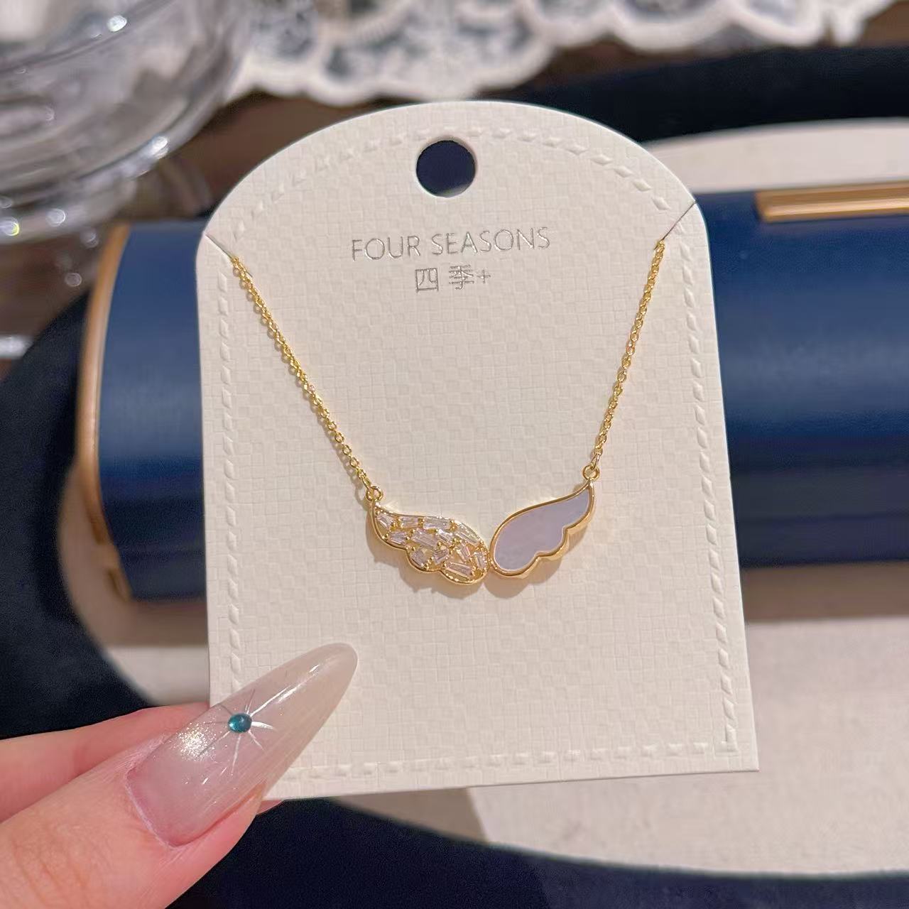 Angel Wing Pendant Necklace with Natural Shell & Zircon, Luxury Niche Clavicle Chain