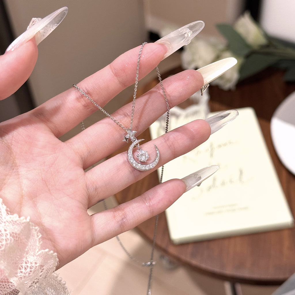 Custom Moon & Star Clavicle Necklace, Large Sparkling Zircon Pendant, Luxury Niche Fashion Jewelry
