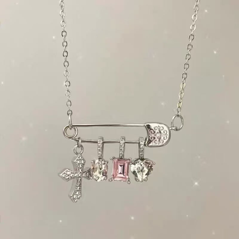 Paperclip Cross Pendant Necklace, Inlaid Sparkling Zircon, Fresh Sweet Luxury Niche Design Jewelry