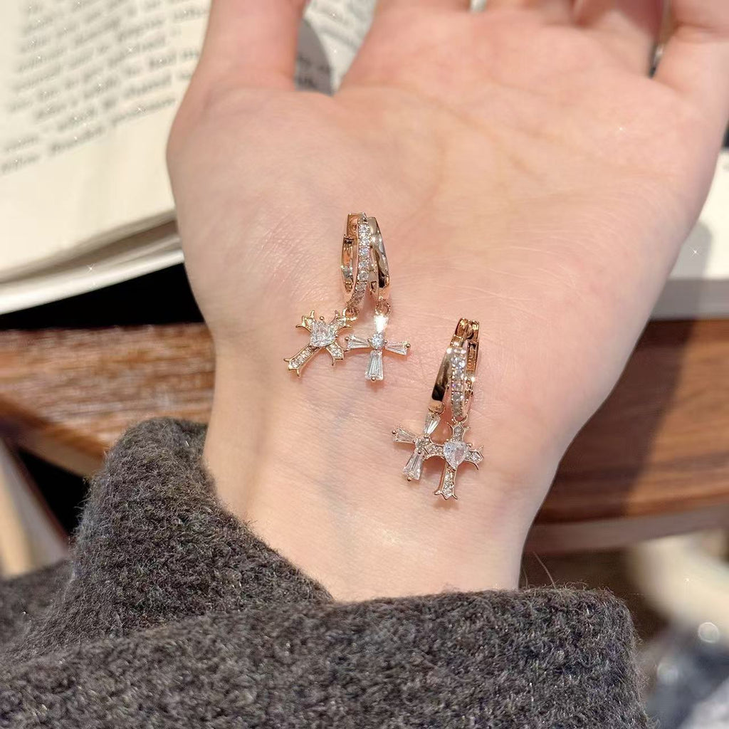 Luxury Bling Double Cross CZ Hoop Earrings Trendy Ladies Daily Earring