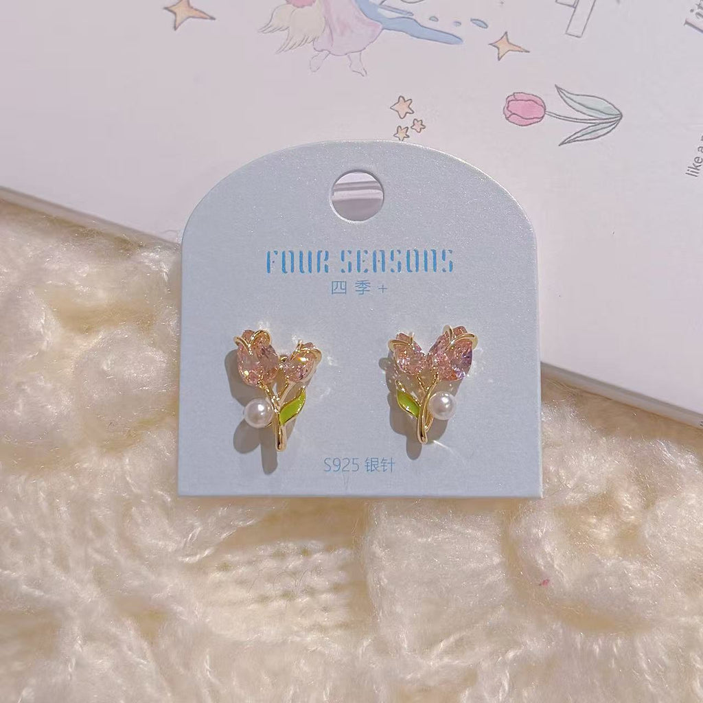 Tulip Stud Earrings, Spring Sweet Light Luxury Earrings, Niche Exquisite S925 Silver Pin Versatile Girl Ear Jewelry