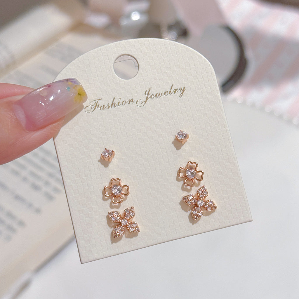 3 Pairs Lucky Flower Cubic Zirconia Stud Earrings Set for Women, Luxury Dainty Tiny Design Elegant Versatile Fine Ear Jewelry Pack