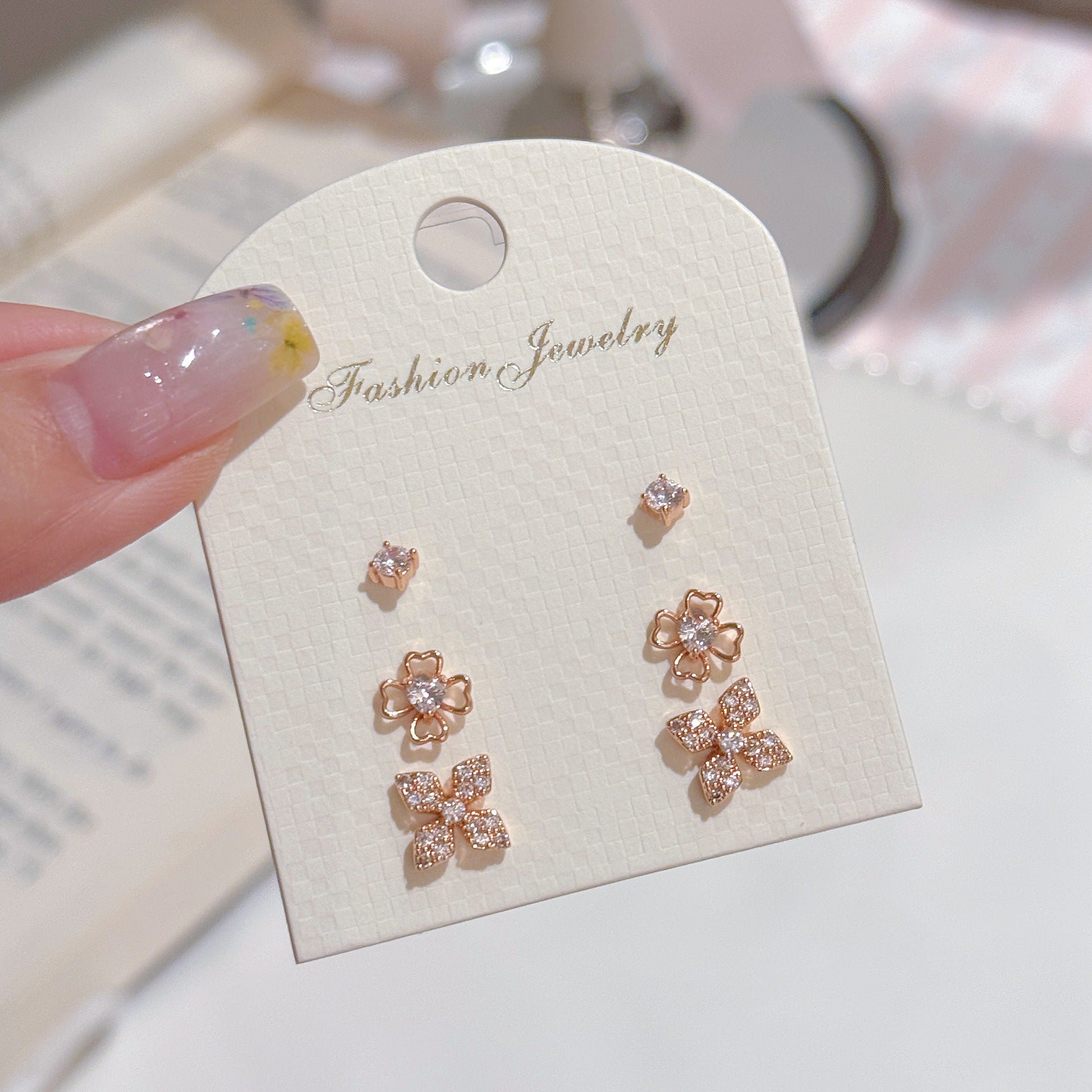 3 Pairs Lucky Flower Cubic Zirconia Stud Earrings Set for Women, Luxury Dainty Tiny Design Elegant Versatile Fine Ear Jewelry Pack