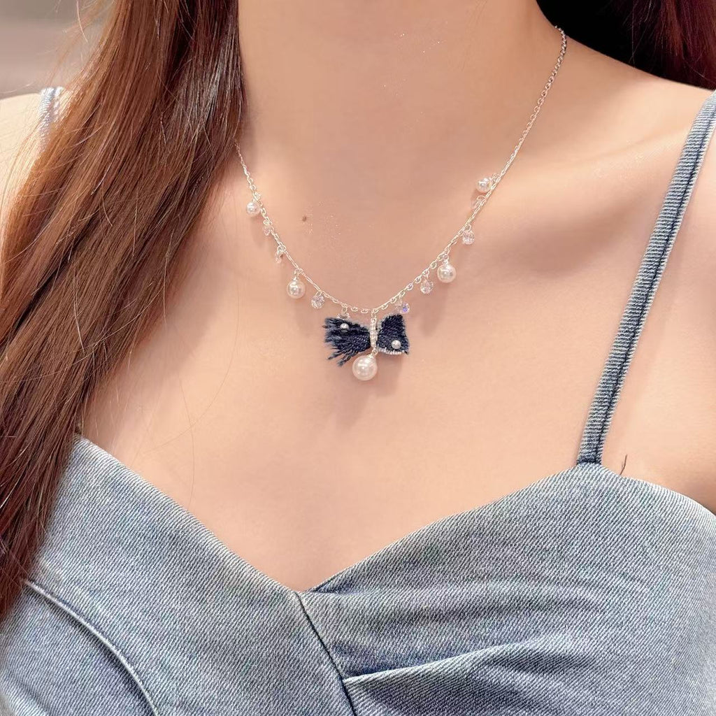 Autumn Winter Fashion Accessories Denim Bow Earrings Star Moon Earrings, Exquisite High-end Versatile Earrings & Matching Necklace Jewelry Set for Women
