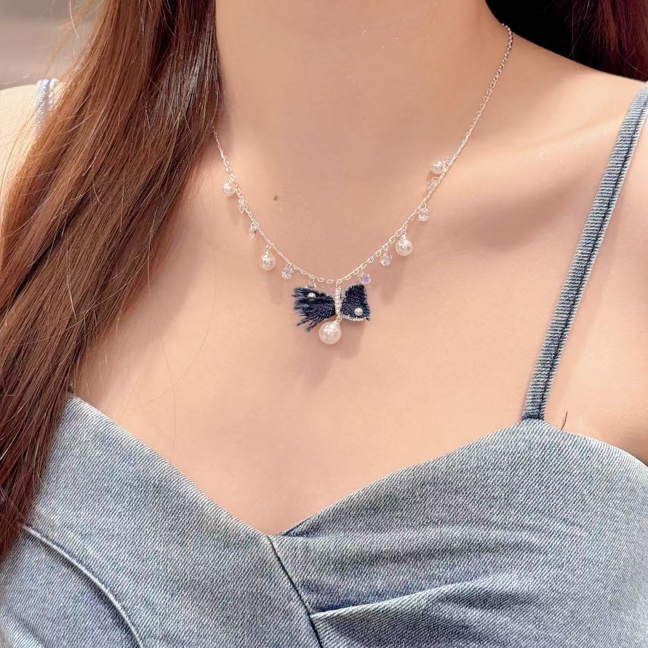 Autumn Winter Fashion Accessories Denim Bow Earrings Star Moon Earrings, Exquisite High-end Versatile Earrings & Matching Necklace Jewelry Set for Women