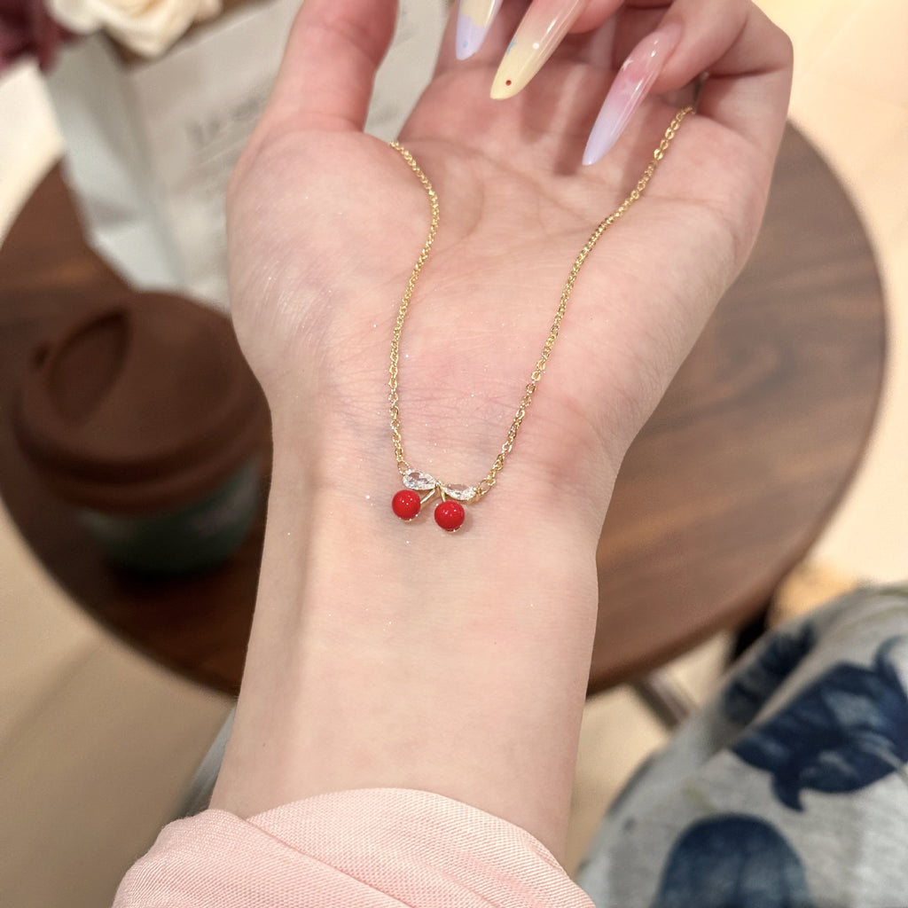 Red Cherry Necklace and Earrings Jewelry Set, Niche Luxury Elegant Clavicle Chain, Exquisite Temperament Fashion Accessories Set for Women