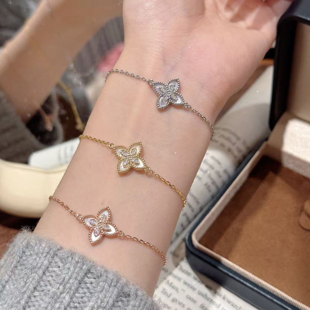 Luxury Four Leaf  White Mother of Pearl Bracelet, Dainty Elegant All-Match Women Fine Hand Jewelry for Daily Commute