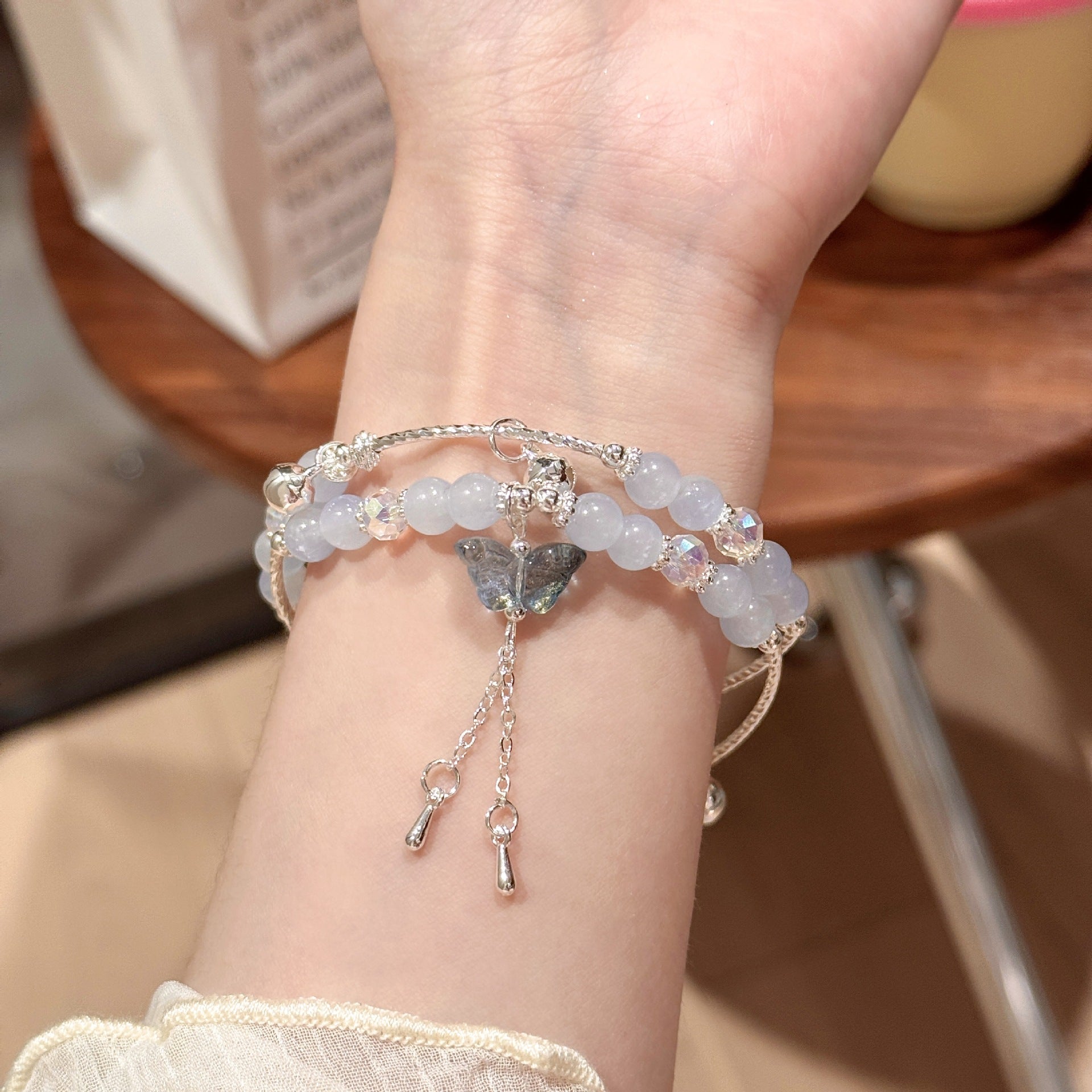 Vintage  Chalcedony Crackle Crystal Butterfly Stack Bracelet Elegant Ladies Accessory