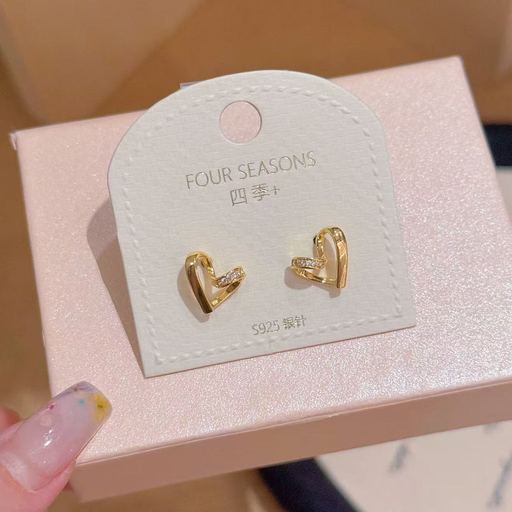 S925 Sterling Silver Minimal Heart Studs Luxury Sweet Daily Women Earrings