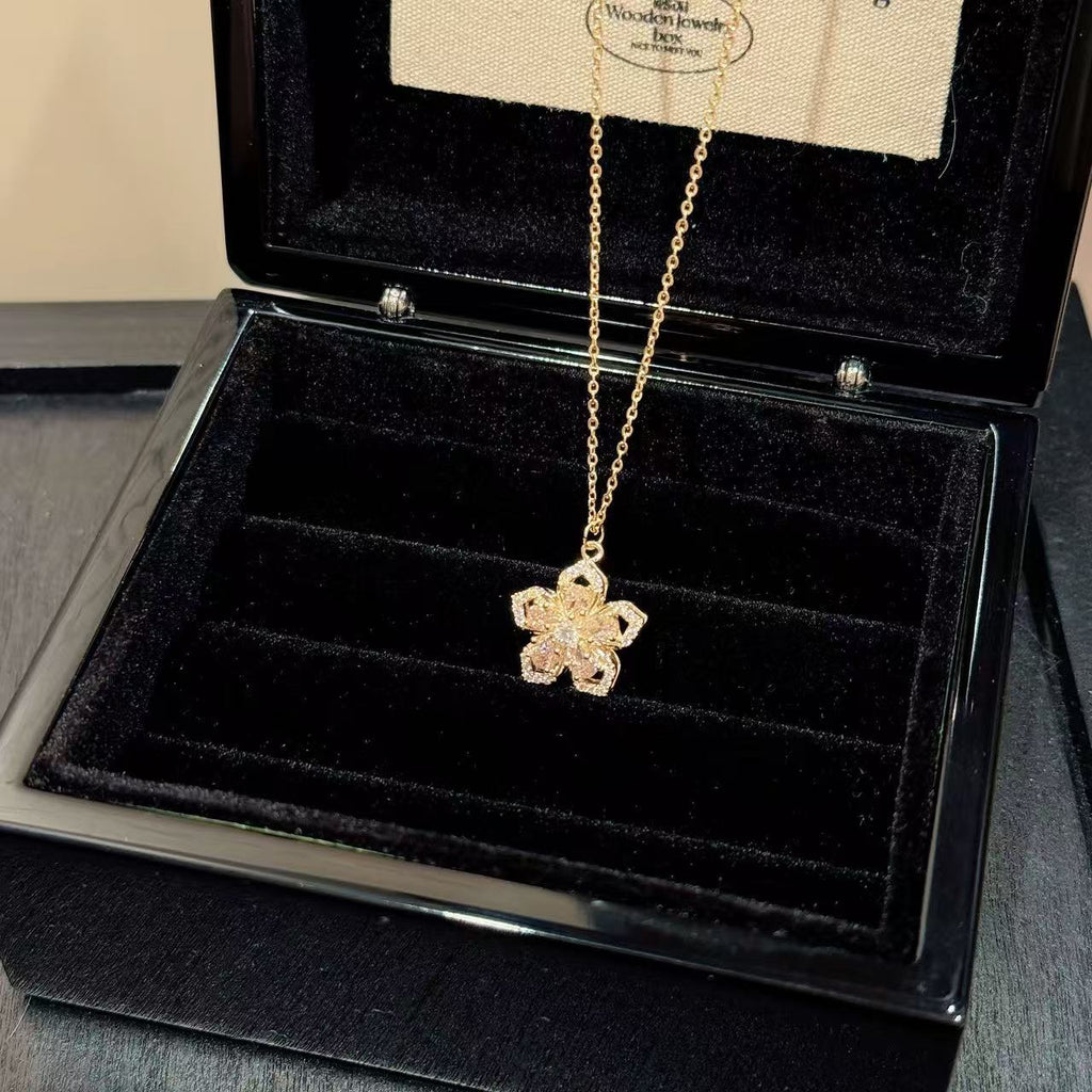 Dainty Sweet Fresh Floral Pendant Cubic Zirconia Necklace, Luxury Niche Elegant All-Match Daily Clavicle Jewelry