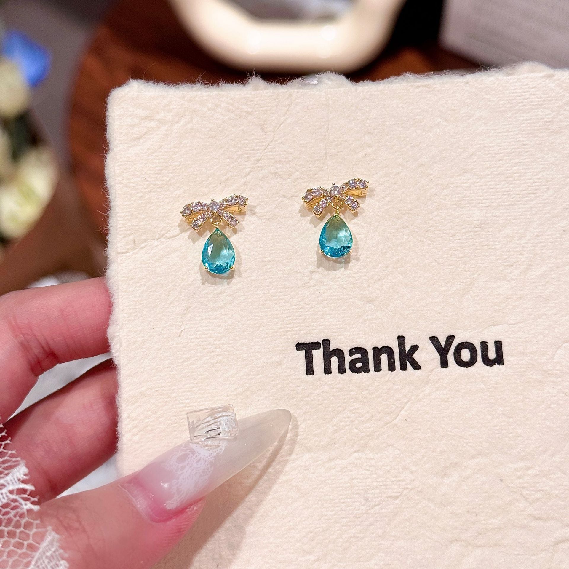 Water Drop Color Zircon Earrings, French Shiny Bow Stud Earrings, Luxury Elegant Niche Exquisite Jewelry