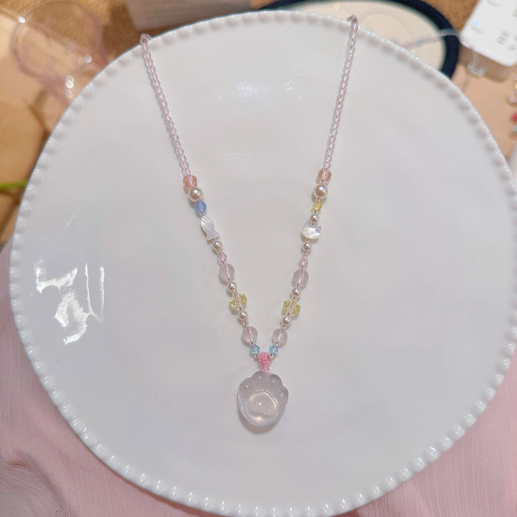 Cat Paw Pendant Necklace for Women, Cute Sweet White Crystal Dainty Luxury Clavicle Chain Minimalist Jewelry