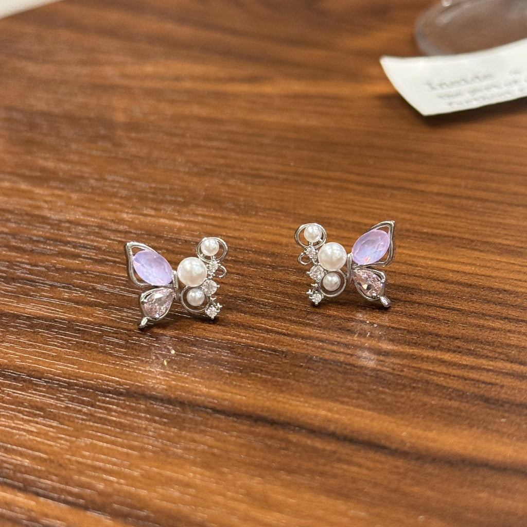 925 Silver Butterfly Stud Earrings Colorful Korean Fashion Ear Ornaments for Women