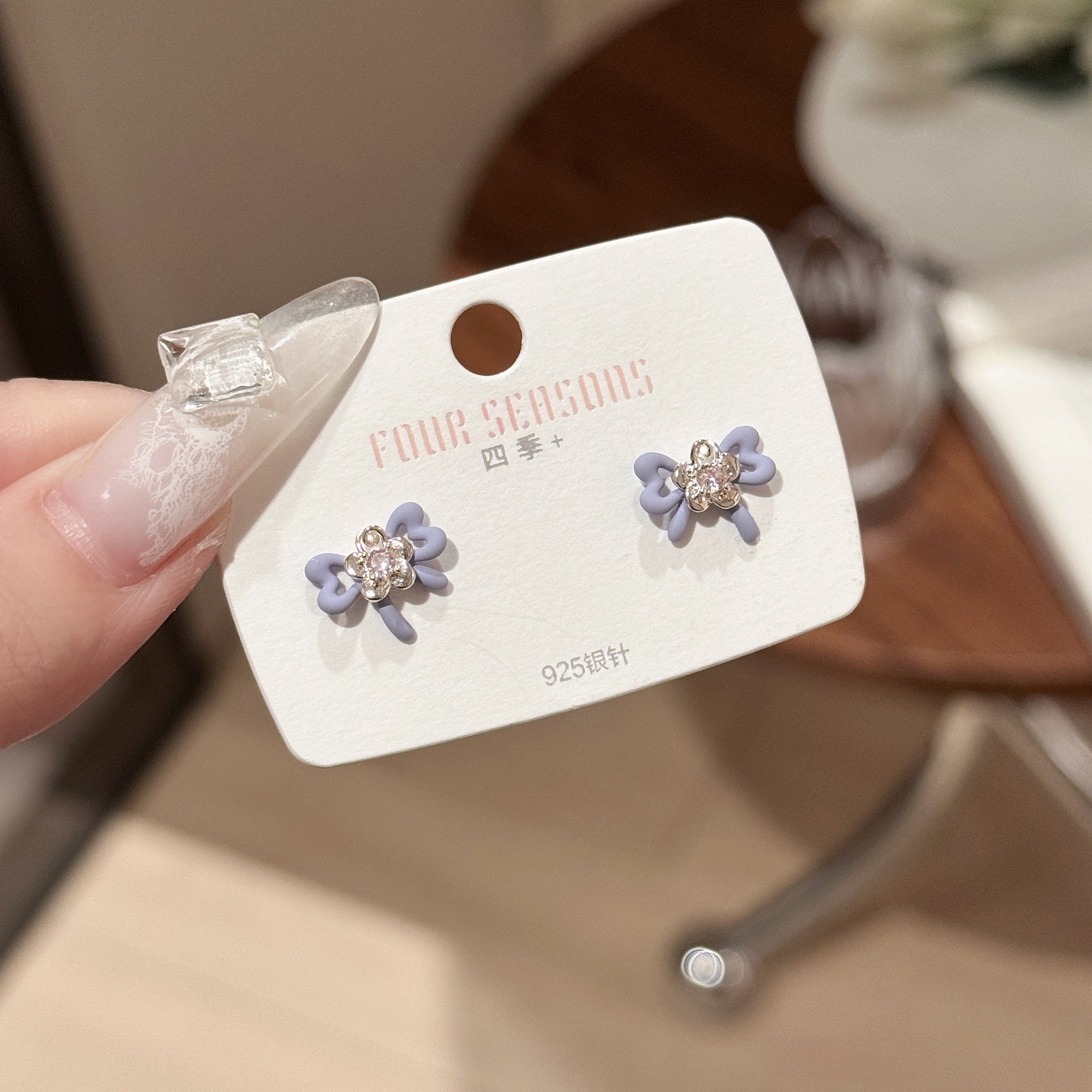 Retro Blue Bow S925 Silver Earrings, Cute Contrast Color Daily Ear Studs