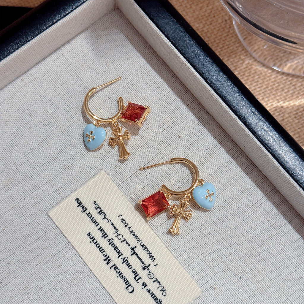 Heart Cross Stud Earrings, Luxury High-end S925 Silver Needle Earrings, Retro Design Exquisite Versatile Ear Jewelry