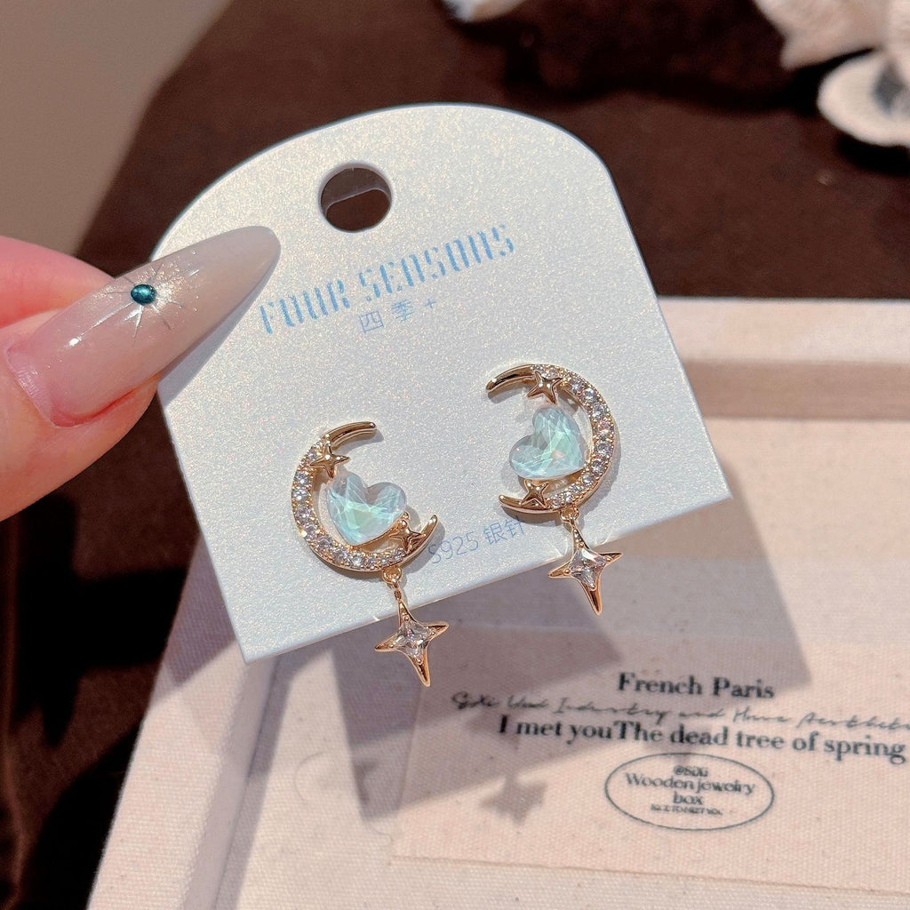 S925 Silver Fairy Moon Star Heart Earrings Luxury Ladies Daily Studs
