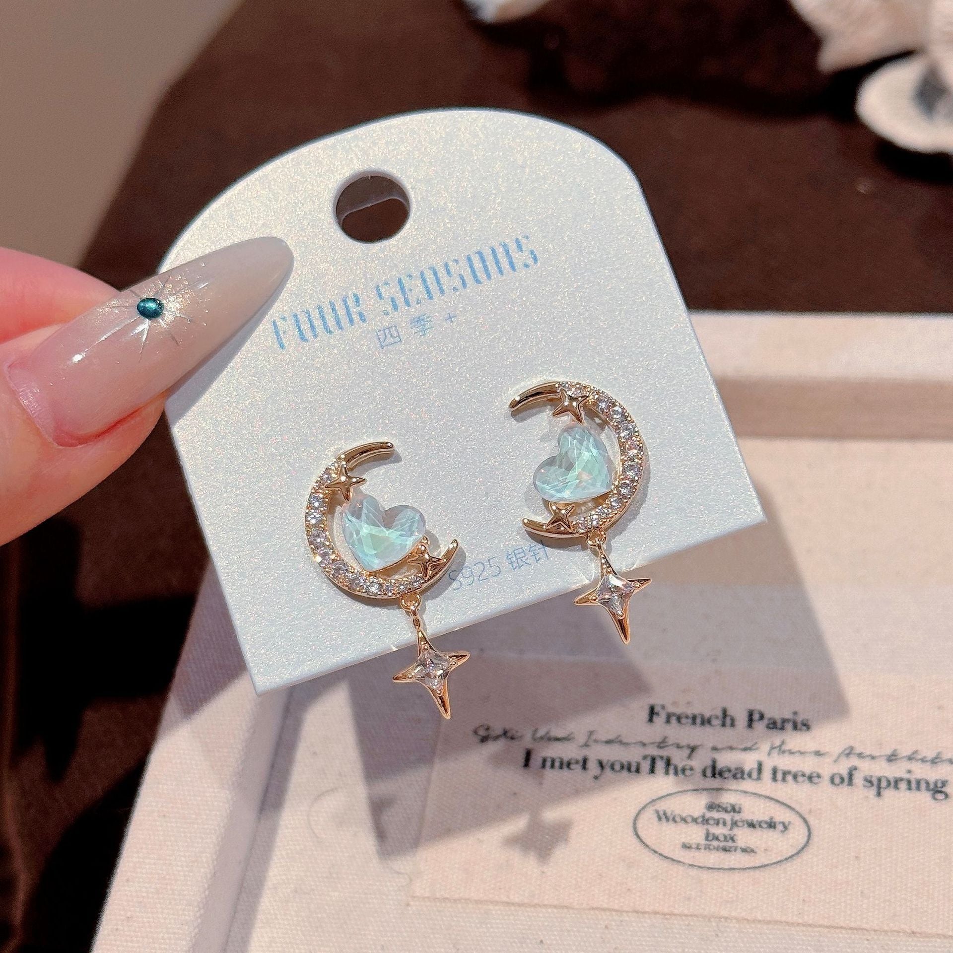 S925 Silver Fairy Moon Star Heart Earrings Luxury Ladies Daily Studs