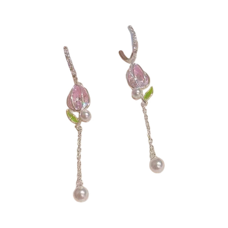 Women Exquisite Tulip Stud Earrings, Elegant Pearl Tassel Pendant Earrings, Sweet Temperament Daily Ear Jewelry