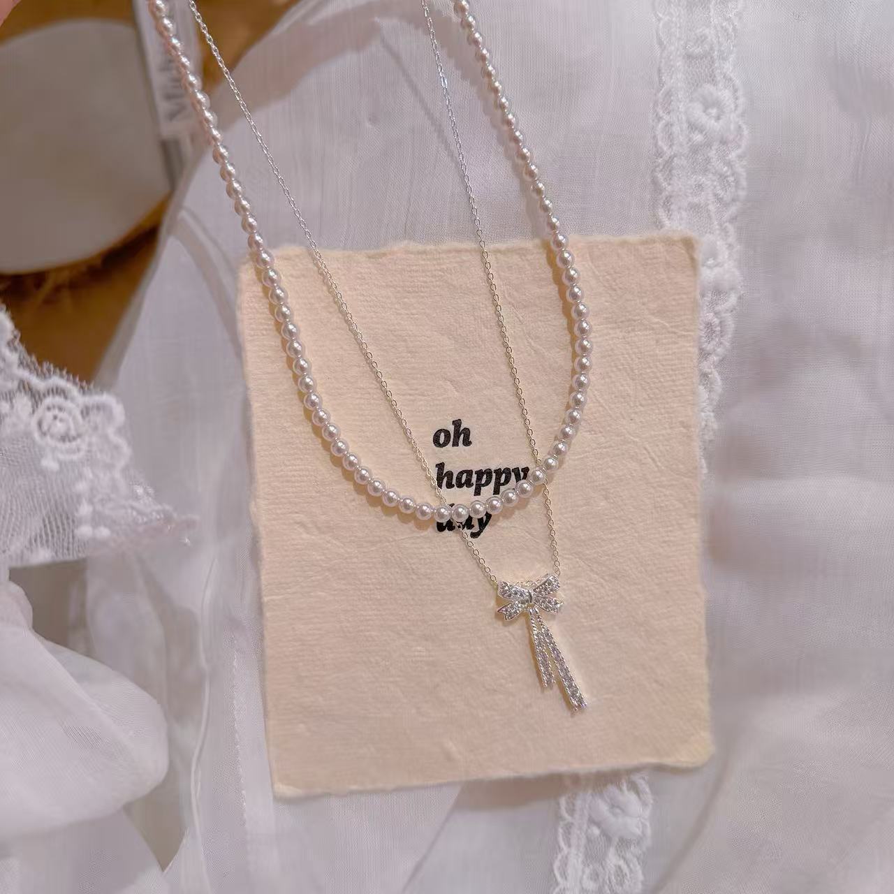 Bow Pearl Double Layer Necklace, Luxury Niche Elegant Clavicle Chain, Sweet Exquisite Fashion Jewelry
