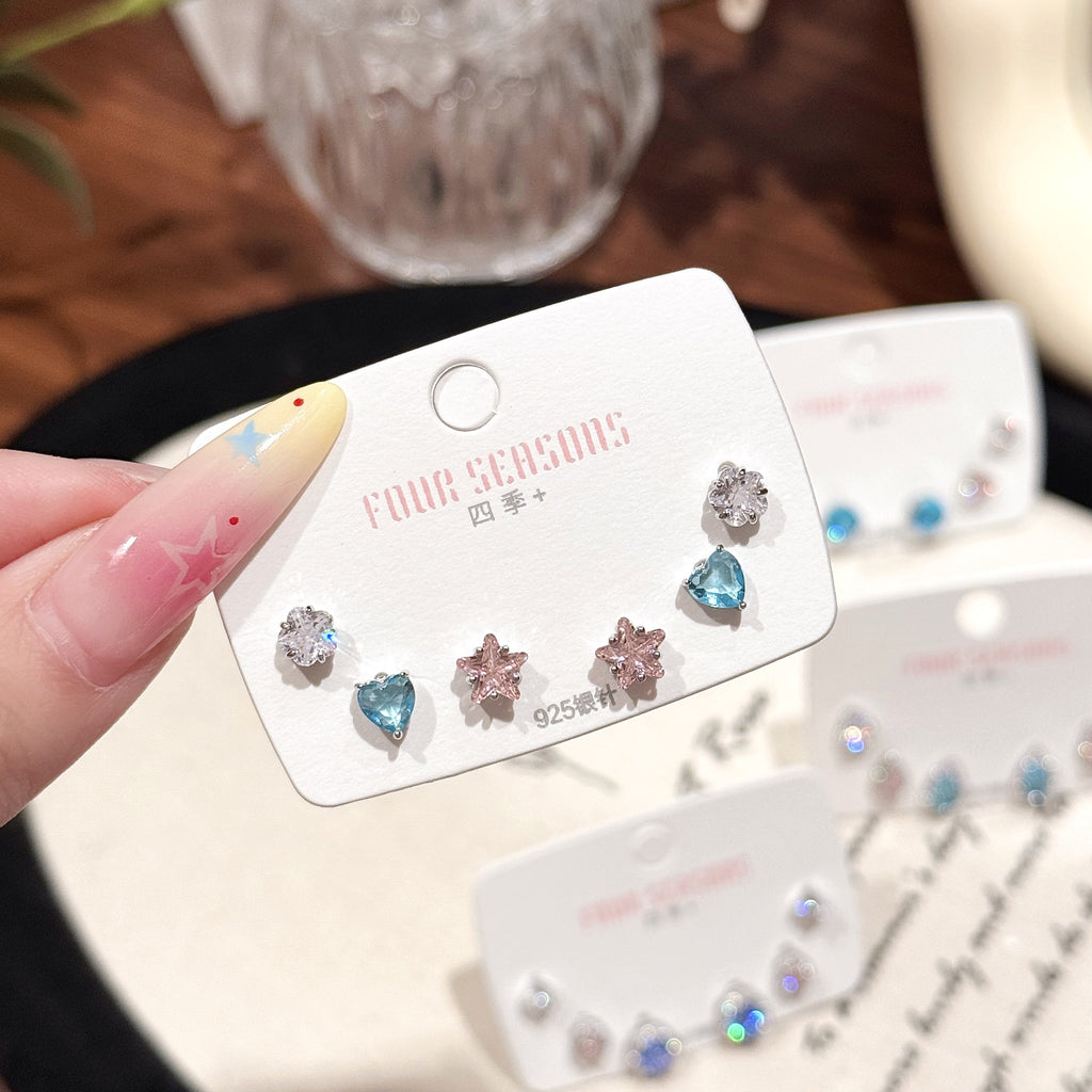 Women 3 Pairs Bling Bling Crystal Ear Studs Colorful Simple Style Silver Needle Ear Piercing Accessories Ear Healing Earrings Set