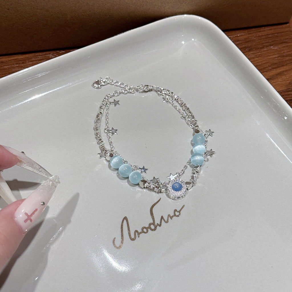 Aquamarine Cat Eye Stone Bracelet, Delicate Crushed Silver Temperament Women Daily Bracelet