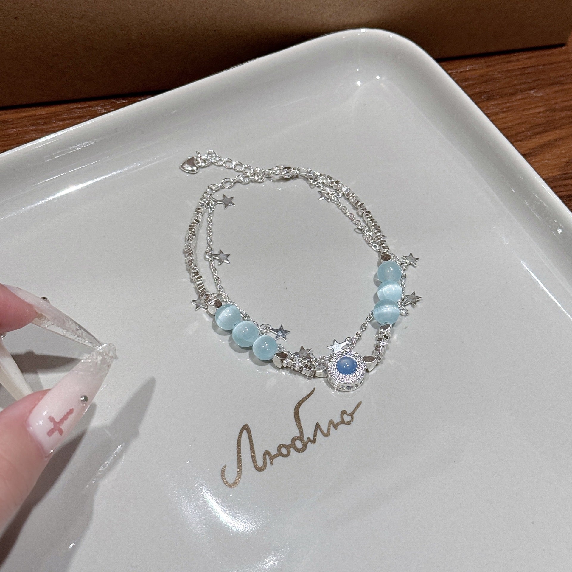 Aquamarine Cat Eye Stone Bracelet, Delicate Crushed Silver Temperament Women Daily Bracelet