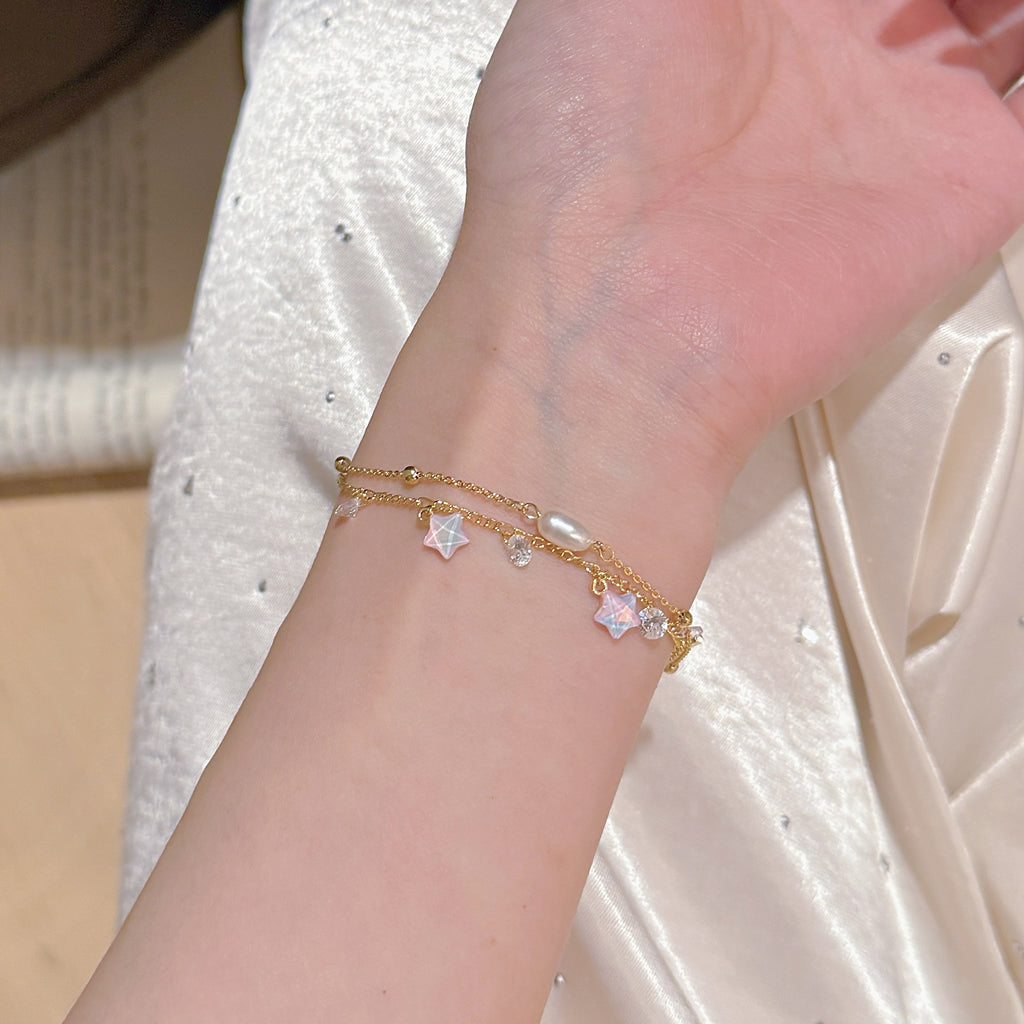 Iridescent Crystal Star Pearl Double Layer Bracelet, Luxury Niche Elegant Hand Jewelry, Delicate High Grade All-match Bracelet