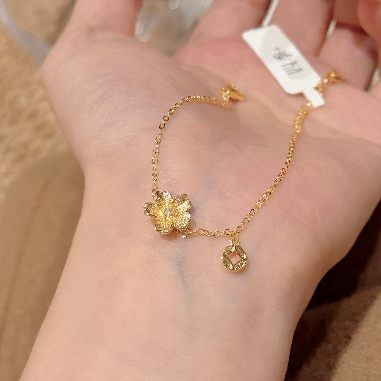 Custom Flower Sand Gold Bracelet, New Chinese Retro Zircon Bangle, Luxury Elegant National Style All-match Fashion Hand Jewelry