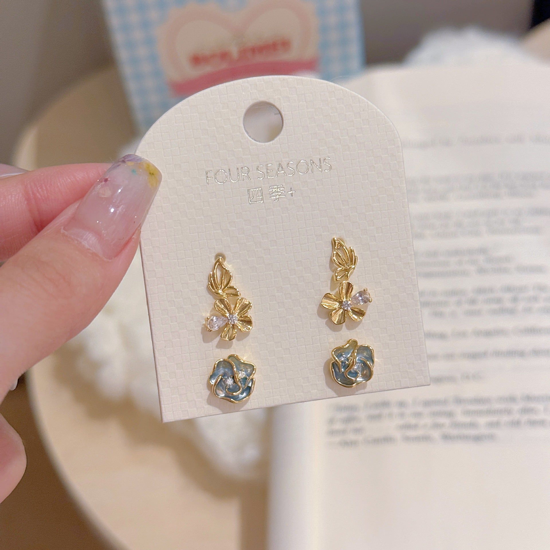 3 Pairs Blue Flower & Butterfly Stud Earrings Set, Luxury Cool Tone Dainty Earrings, Sweet All-match Daily Jewelry