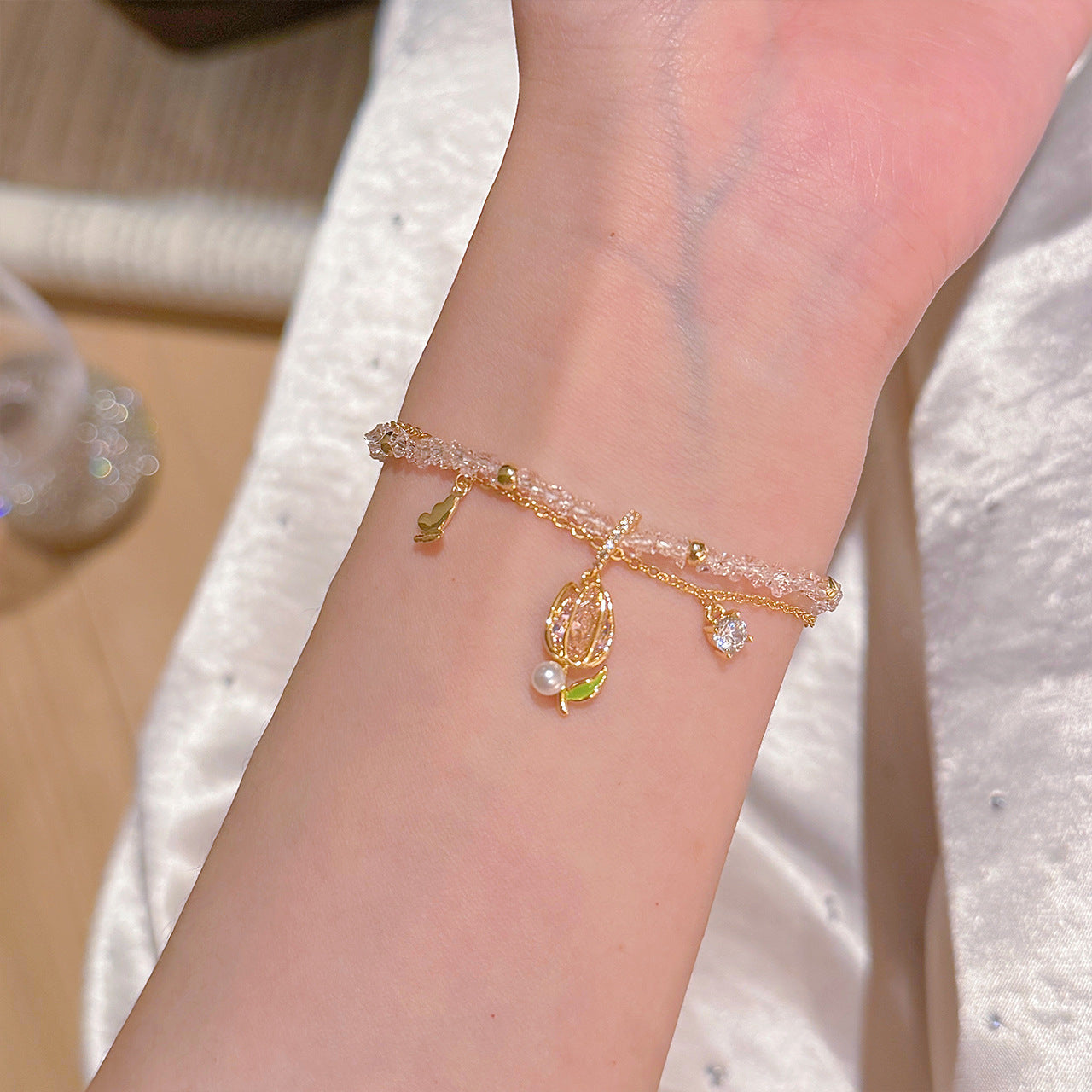 Spring Limited Tulip Double Layer Bracelet, Sweet Elegant Light Luxury Women Fashion Hand Jewelry