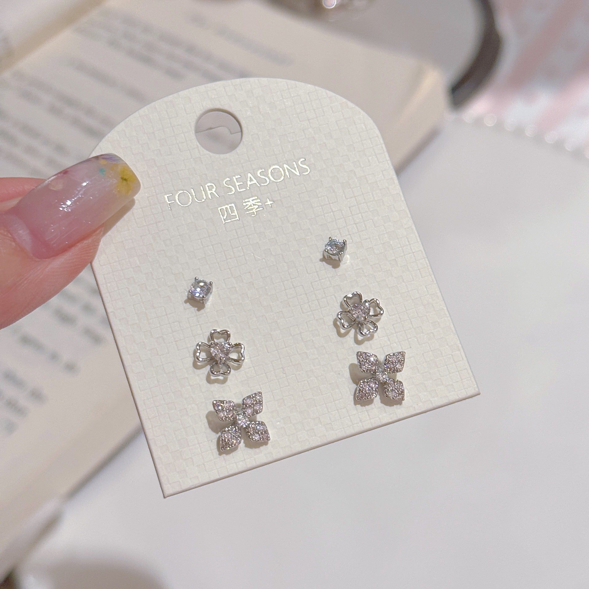 3 Pairs Lucky Flower Cubic Zirconia Stud Earrings Set for Women, Luxury Dainty Tiny Design Elegant Versatile Fine Ear Jewelry Pack