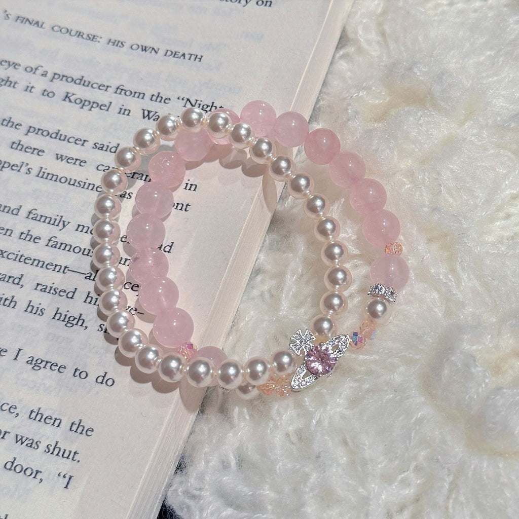Pink Pearl Crystal Fashion Bracelet, Elegant Luxury Sweet Daily Women Bracelet