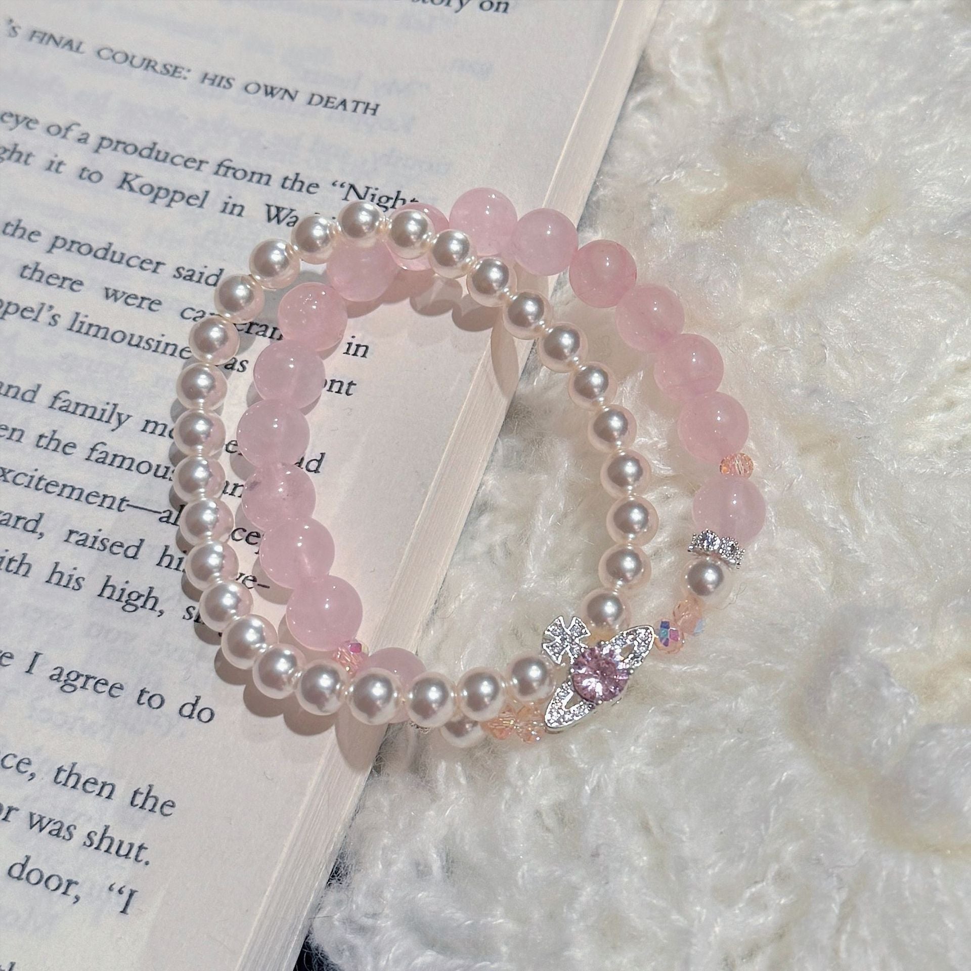 Pink Pearl Crystal Fashion Bracelet, Elegant Luxury Sweet Daily Women Bracelet