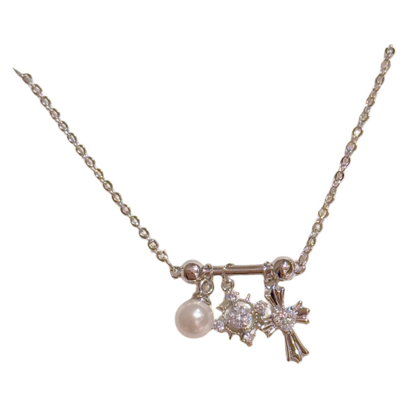 Retro Cross Pearl Clavicle Necklace, Elegant Sweet Cool High Grade Women Daily Jewelry