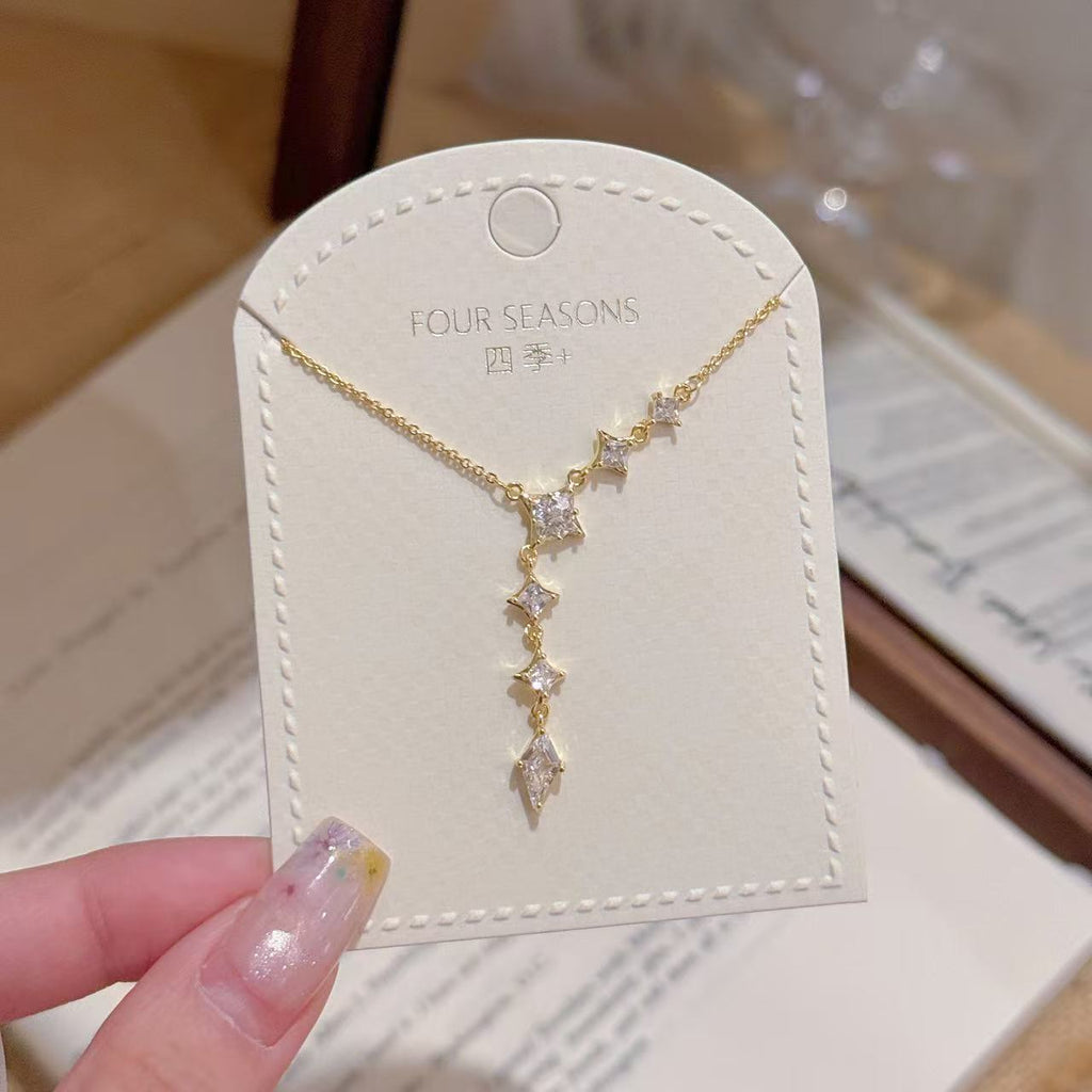 Geometric Diamond Tassel Pendant Necklace, Niche Designer Luxury Clavicle Chain, Dainty Cool Tone Elegant Necklace