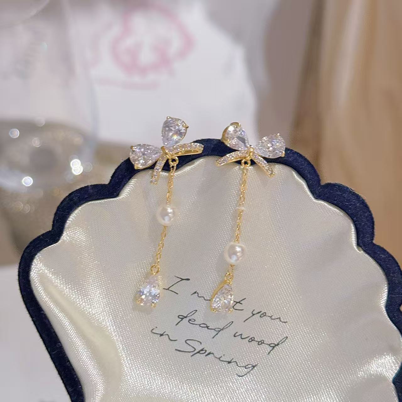 Bow Water Drop Pearl Tassel Earrings, S925 Sterling Silver Posts, Luxury Sweet Dainty Elegant Drop Stud Earrings